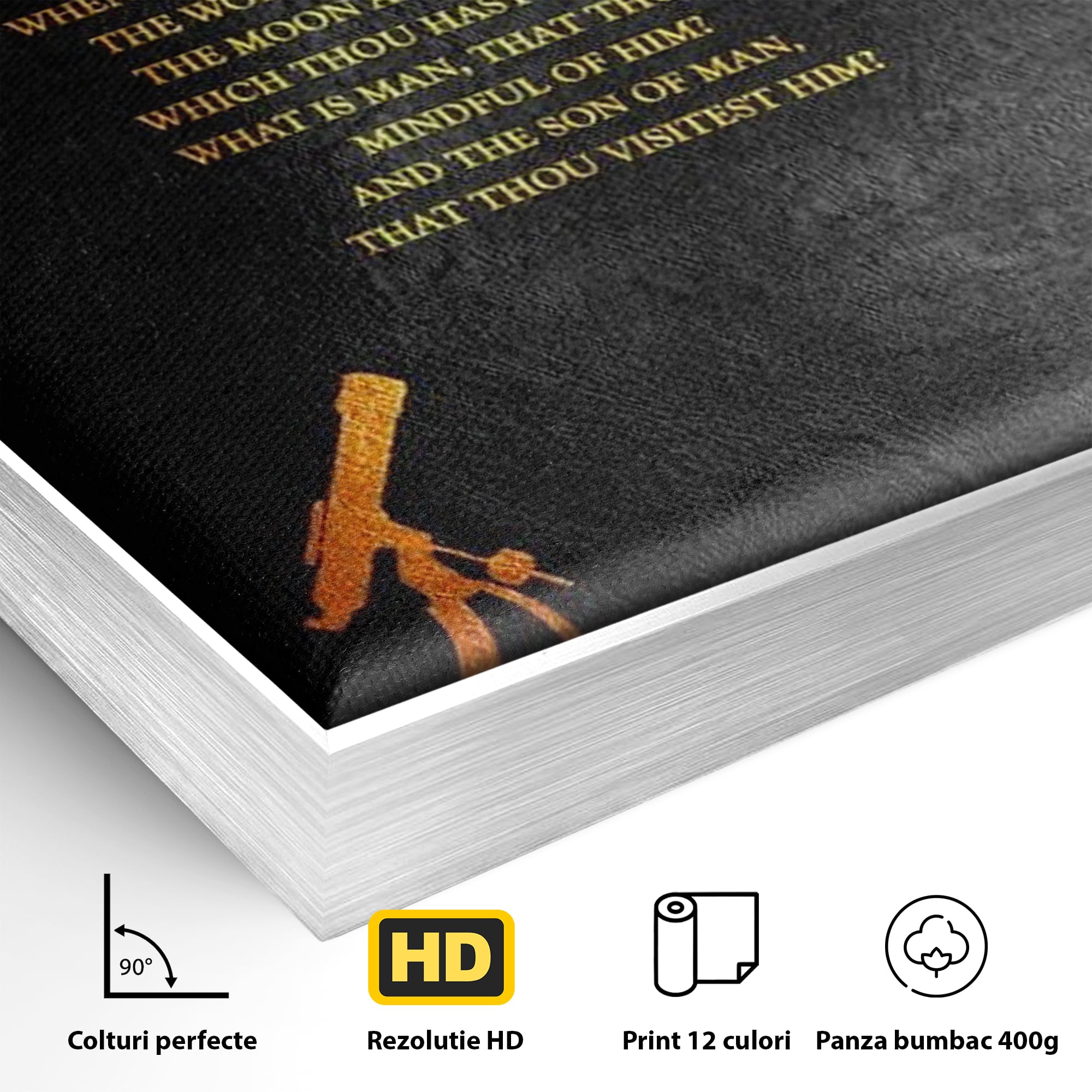 Detaliu al suprafetei: tablou canvas cu citat biblic si telescop, in rama de aluminiu argintiu