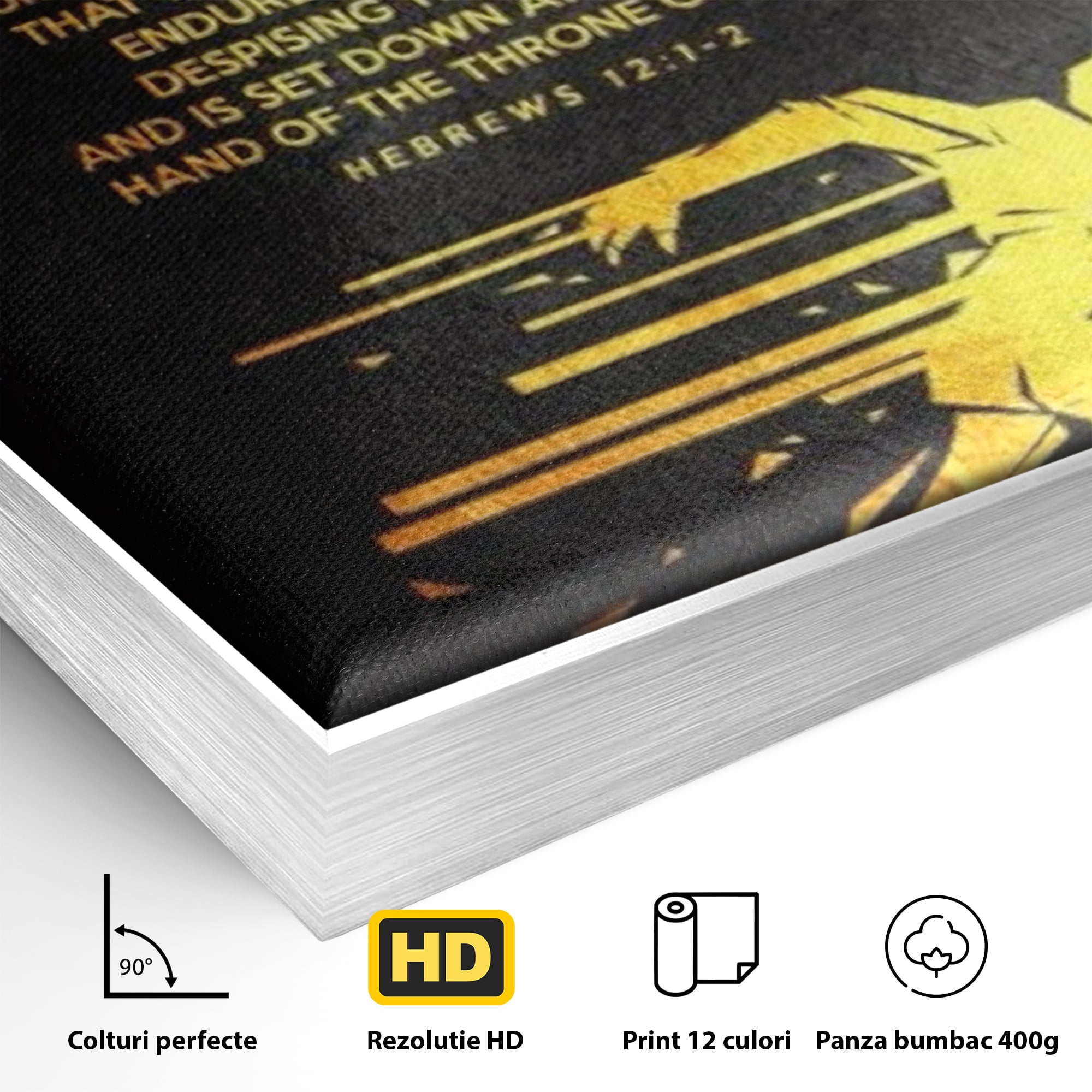 Detaliu al suprafetei: tablou canvas cu alergator si verset biblic, in rama de aluminiu argintiu