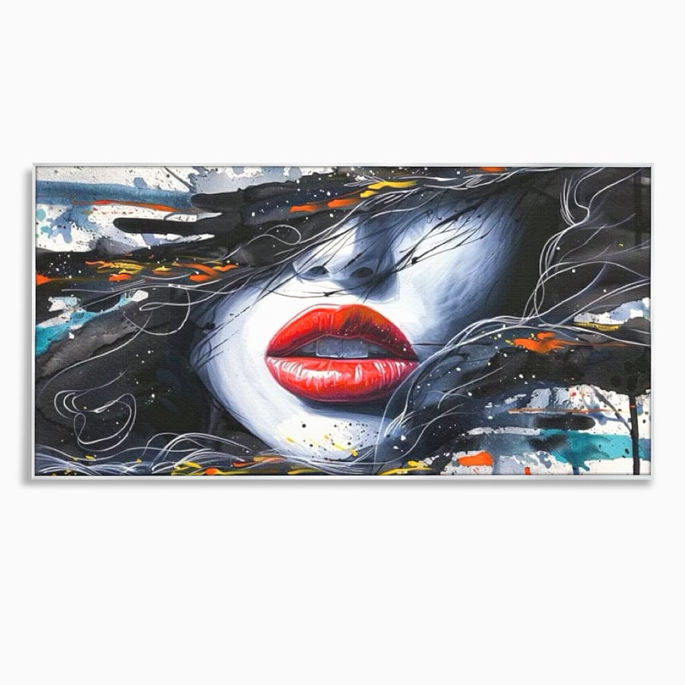 Tablou canvas cu tablou canvas cu buze rosii si par abstract, in rama de aluminiu argintiu