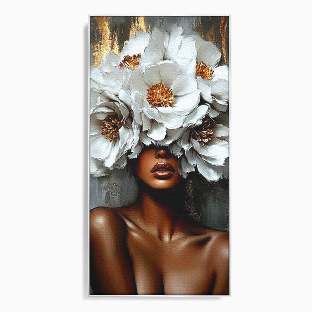 Tablou canvas cu tablou canvas portret femeie cu flori, in rama de aluminiu argintiu