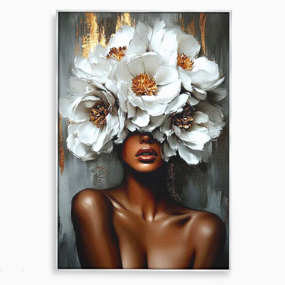 Tablou canvas cu tablou canvas portret femeie cu flori, in rama de aluminiu argintiu