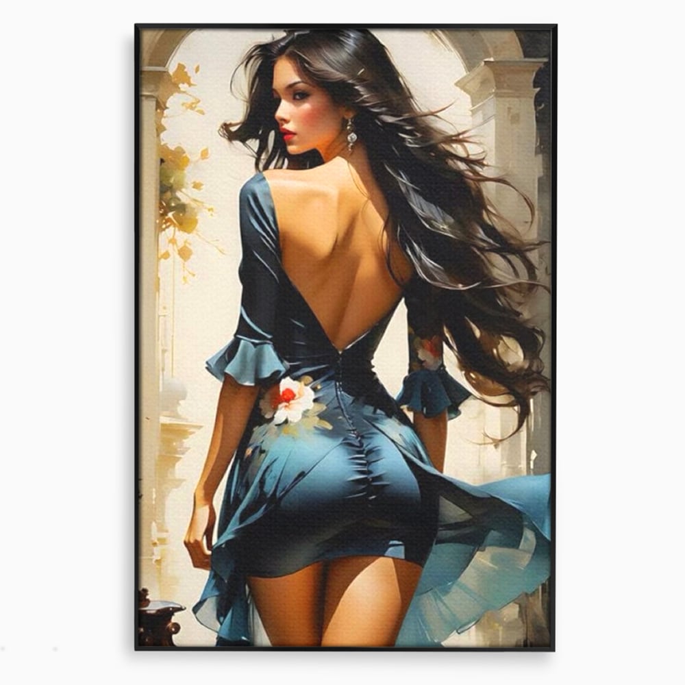 Tablou canvas cu tablou canvas cu femeie in rochie albastra, in rama de aluminiu negru