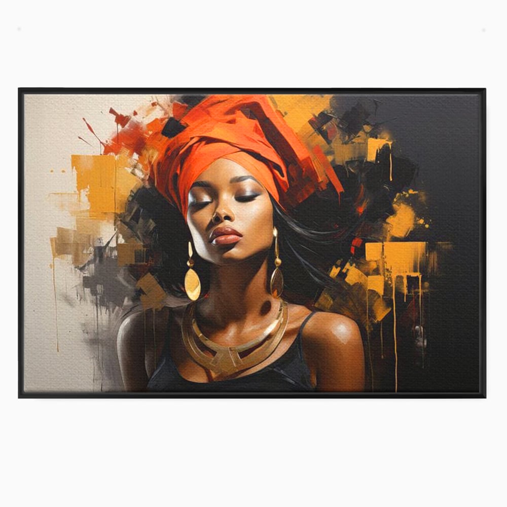 Tablou canvas cu tablou canvas cu femeie si turban, in rama de aluminiu negru