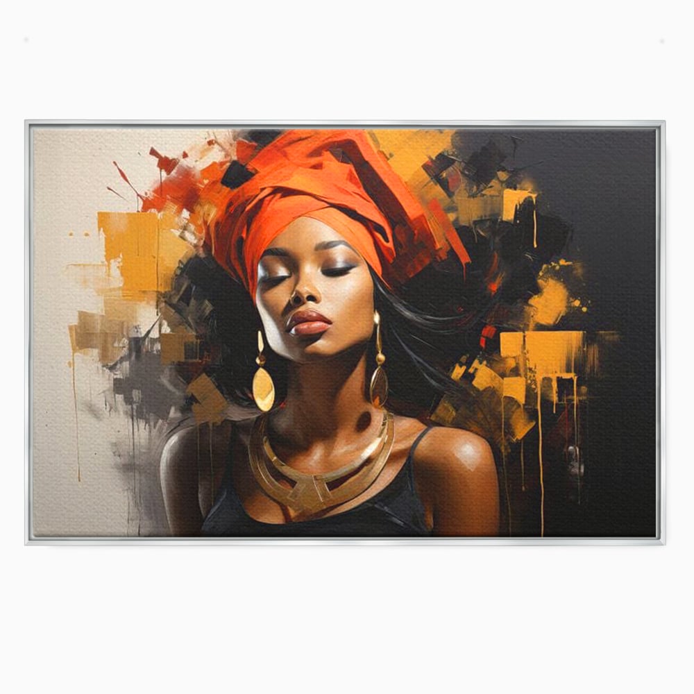 Tablou canvas cu tablou canvas cu femeie si turban, in rama de aluminiu argintiu