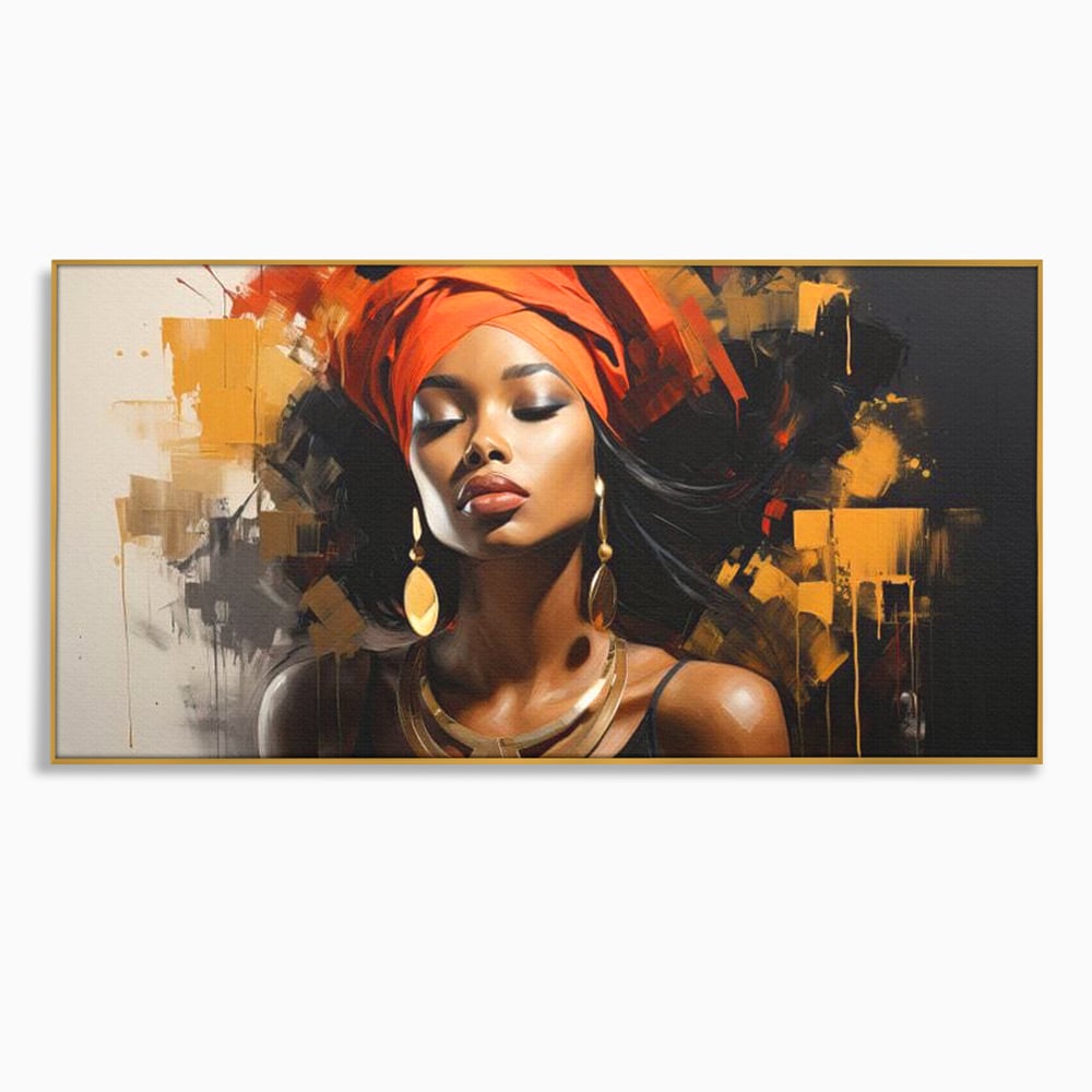 Tablou canvas cu tablou canvas cu femeie si turban, in rama de aluminiu auriu