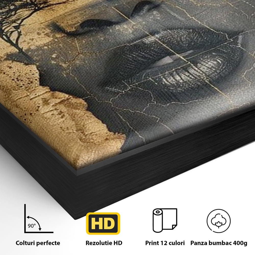 Detaliu al suprafetei: tablou canvas cu chip de femeie si copaci, in rama de aluminiu negru