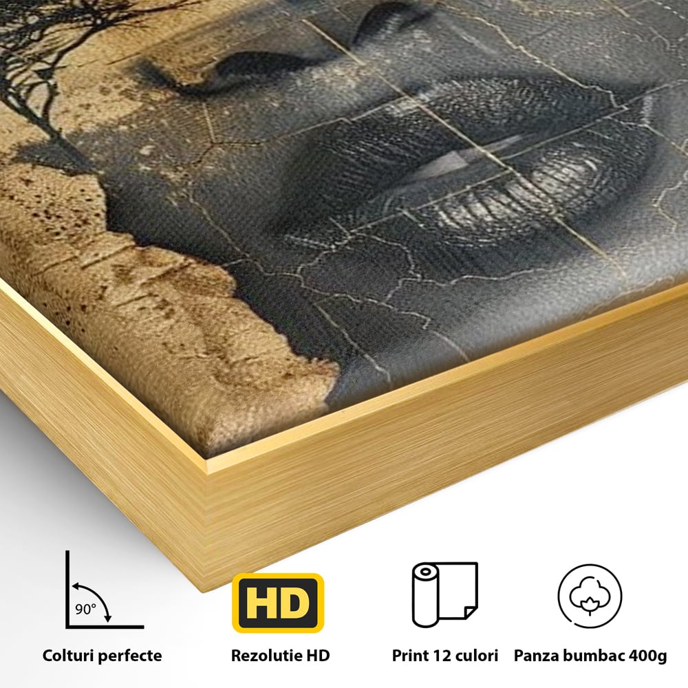 Detaliu al suprafetei: tablou canvas cu chip de femeie si copaci, in rama de aluminiu auriu