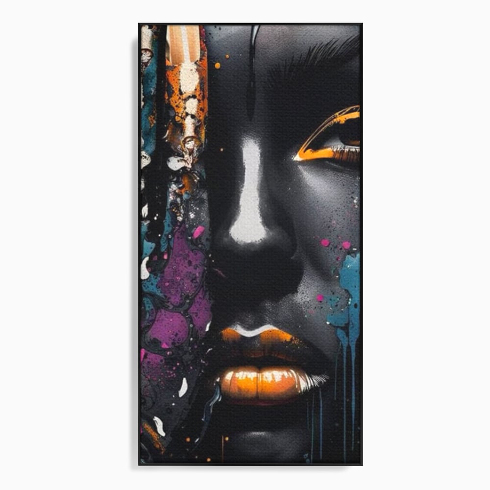 Tablou canvas cu tablou canvas cu portret street art, in rama de aluminiu negru