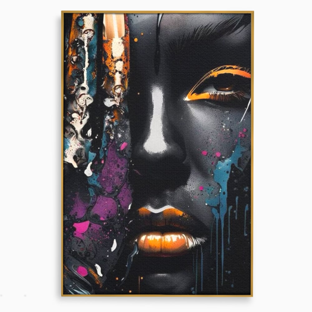 Tablou canvas cu tablou canvas cu portret street art, in rama de aluminiu auriu