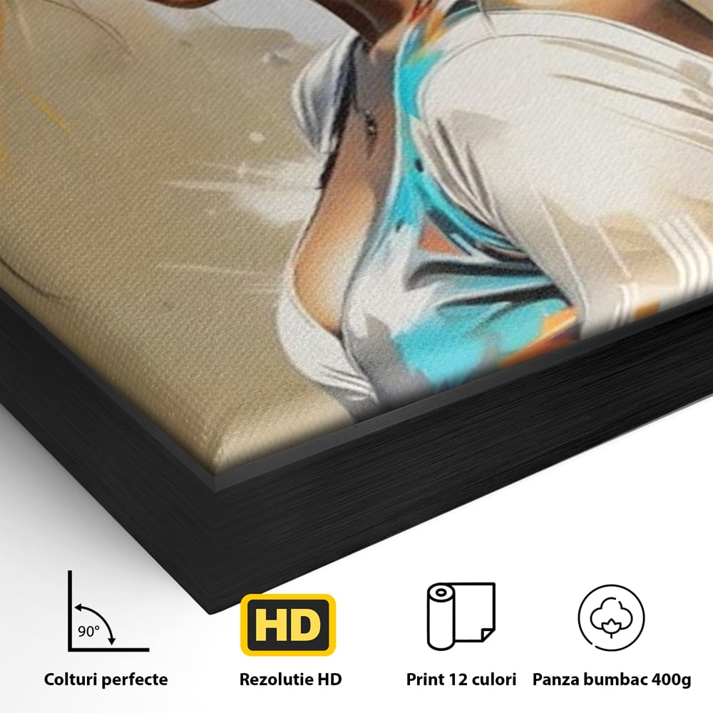Detaliu al suprafetei: tablou canvas cu portret de femeie, in rama de aluminiu negru