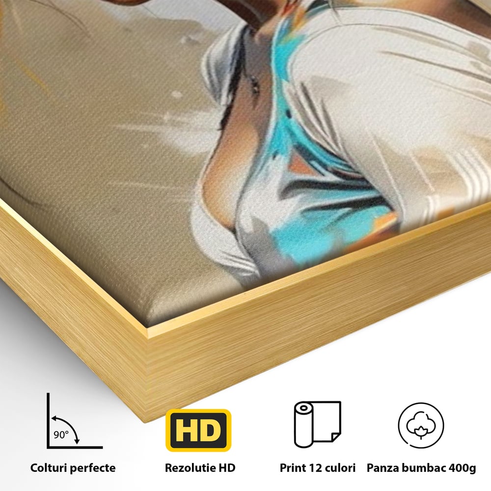 Detaliu al suprafetei: tablou canvas cu portret de femeie, in rama de aluminiu auriu