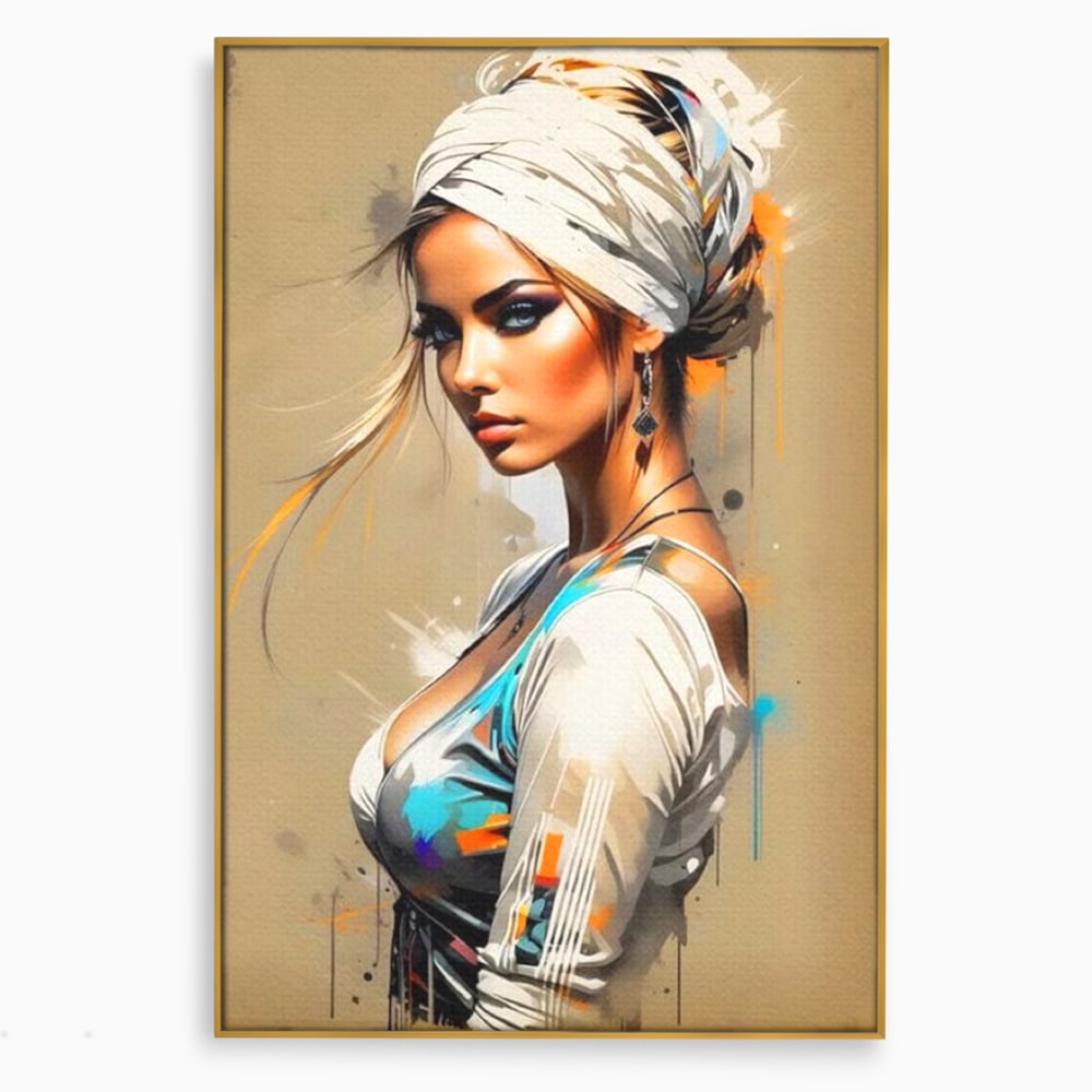 Tablou canvas cu tablou canvas cu portret de femeie, in rama de aluminiu auriu