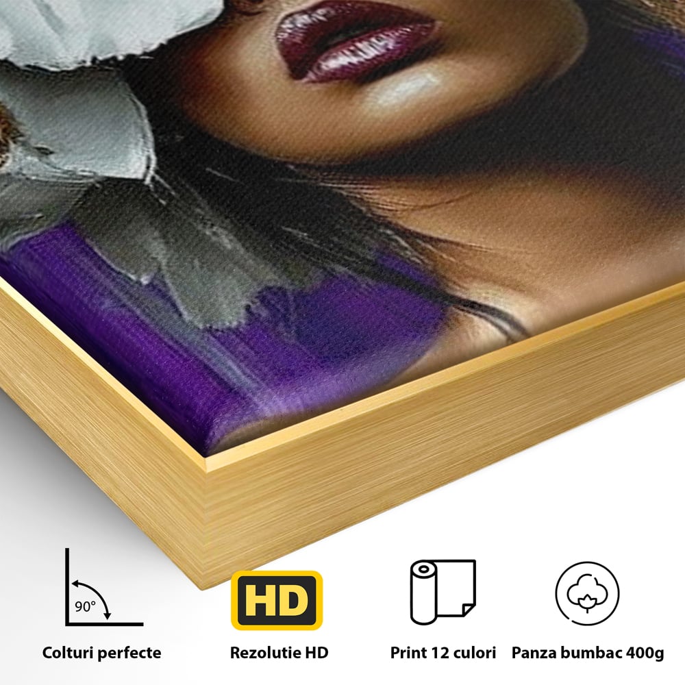 Detaliu al suprafetei: tablou canvas cu femeie si flori albe, in rama de aluminiu auriu
