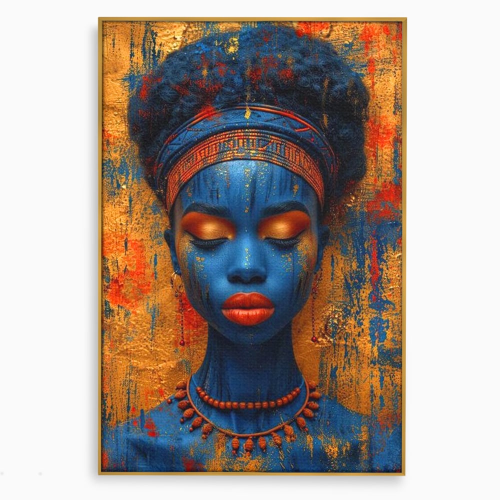 Tablou canvas cu portret de femeie cu piele albastra, in rama de aluminiu auriu