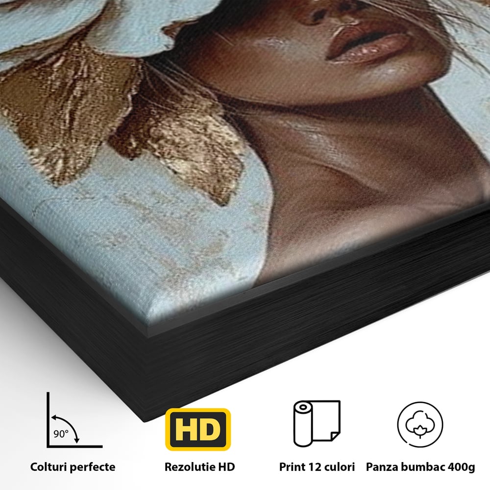 Detaliu al suprafetei: tablou canvas cu portret si floare aurie, in rama de aluminiu negru
