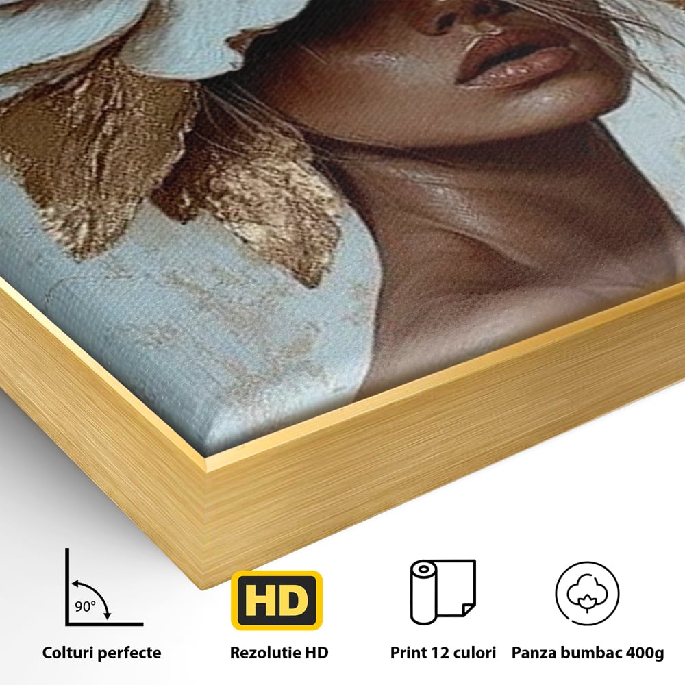 Detaliu al suprafetei: tablou canvas cu portret si floare aurie, in rama de aluminiu auriu