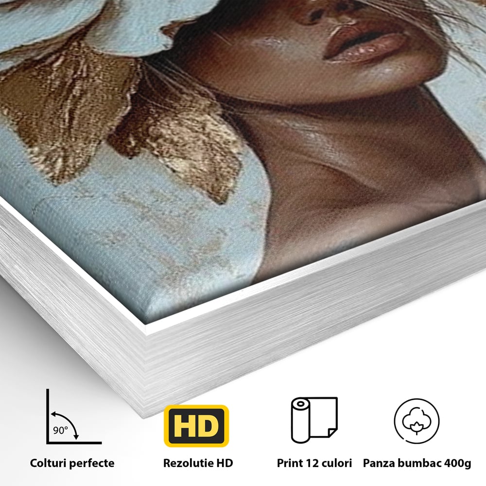 Detaliu al suprafetei: tablou canvas cu portret si floare aurie, in rama de aluminiu argintiu