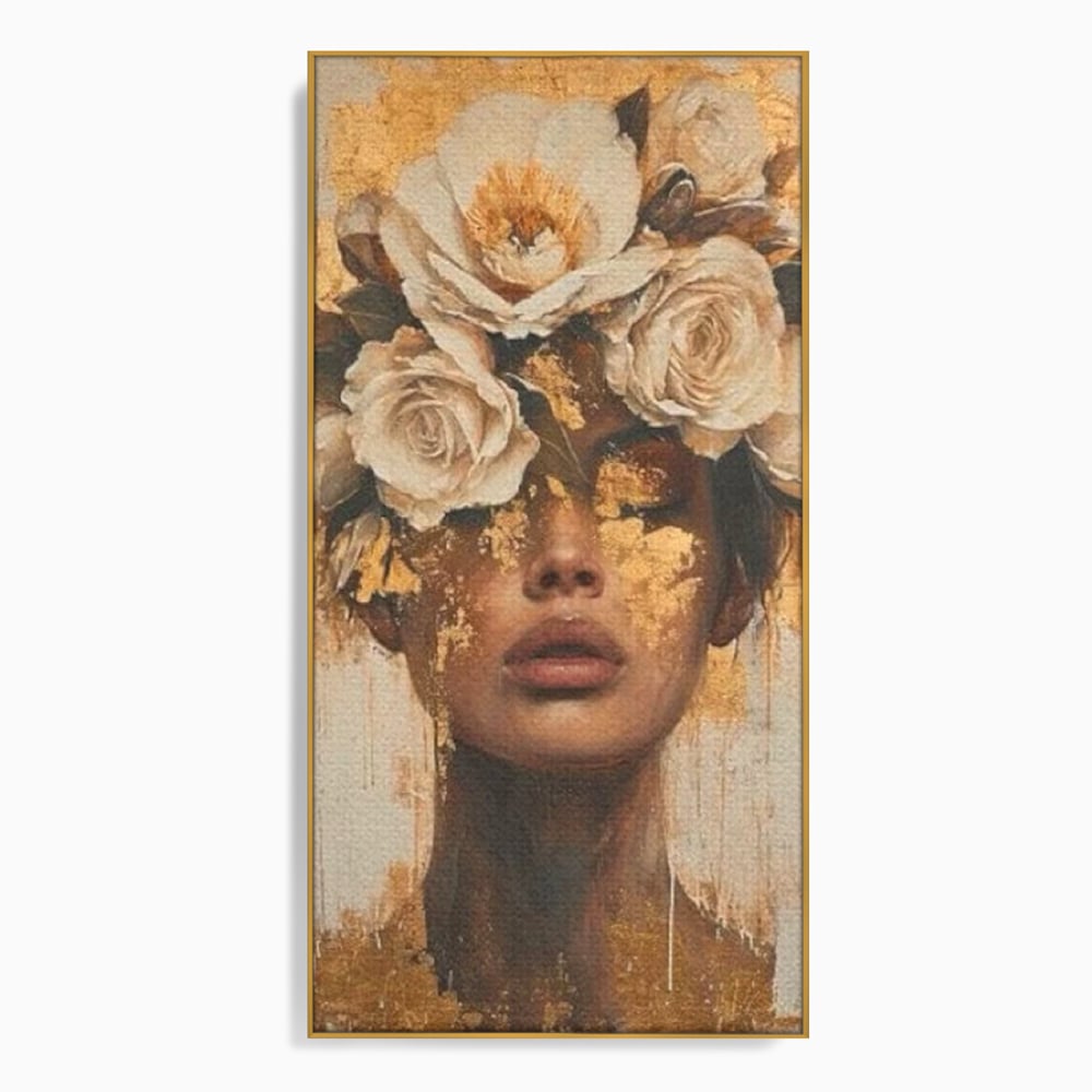 Tablou canvas cu portret feminin cu foita de aur si flori, in rama de aluminiu auriu