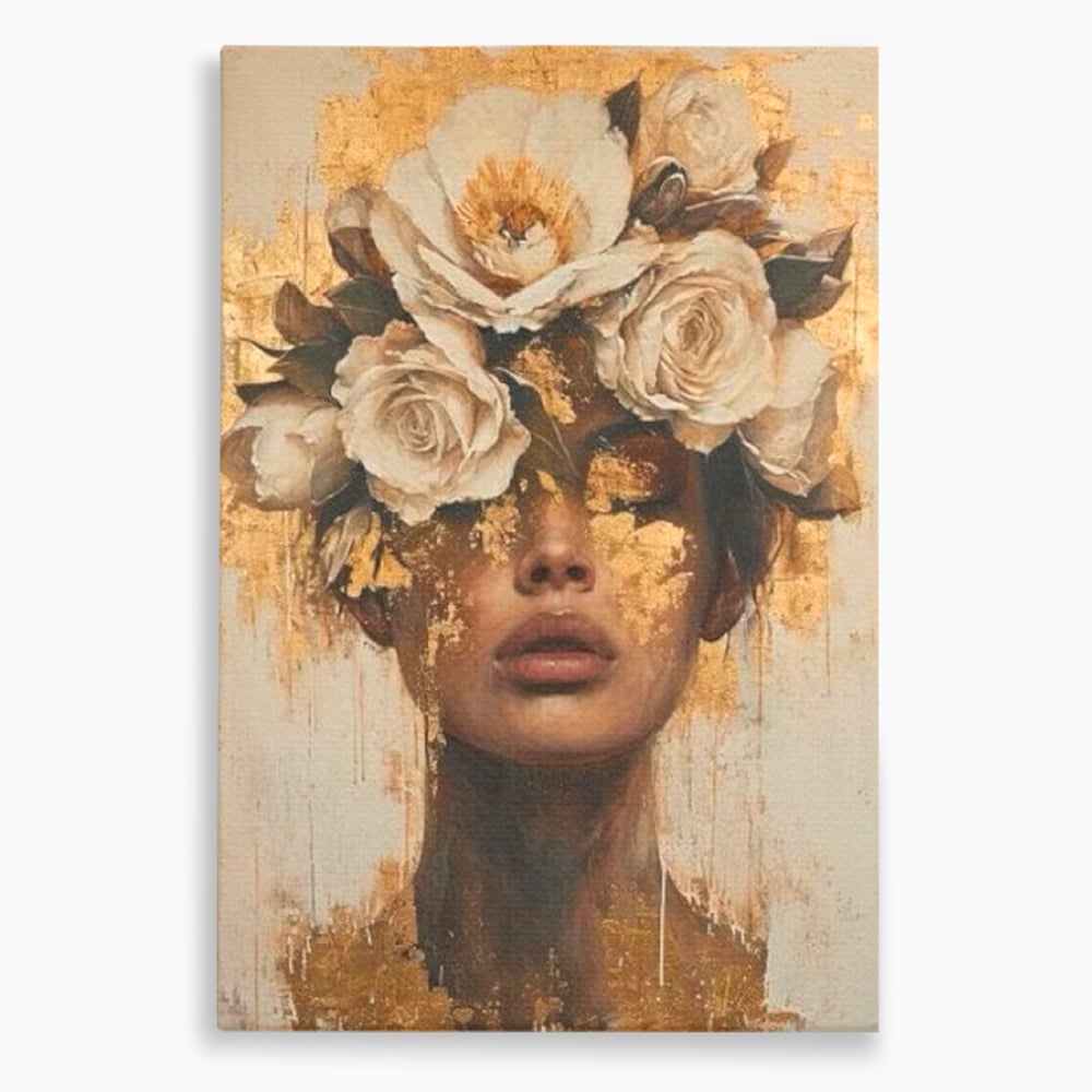 Tablou canvas cu portret feminin cu foita de aur si flori, fara rama, pe sasiu de lemn