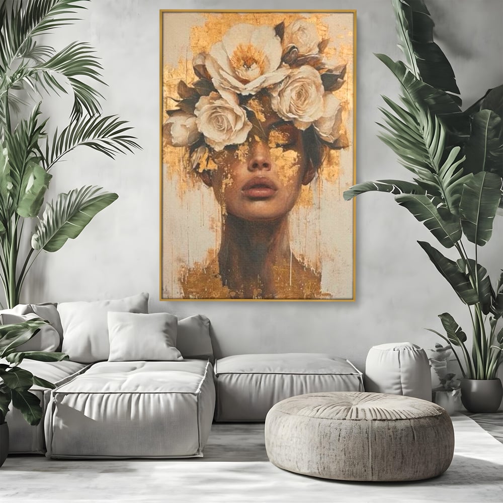 Tablou canvas cu portret feminin cu foita de aur si flori, in rama de aluminiu auriu, pe perete intr-un living