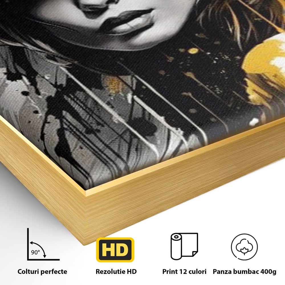 Detaliu al suprafetei: tablou canvas cu portret de femeie cu joben, in rama de aluminiu auriu