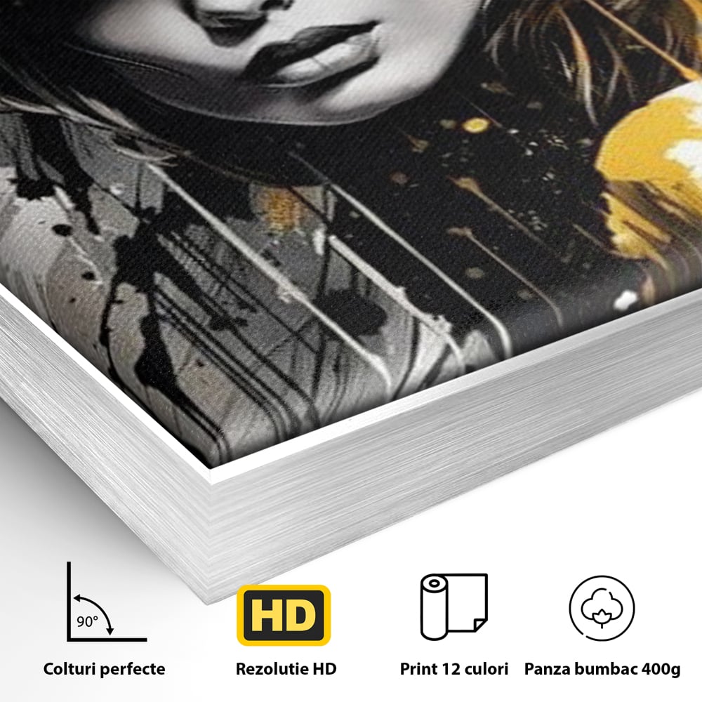 Detaliu al suprafetei: tablou canvas cu portret de femeie cu joben, in rama de aluminiu argintiu