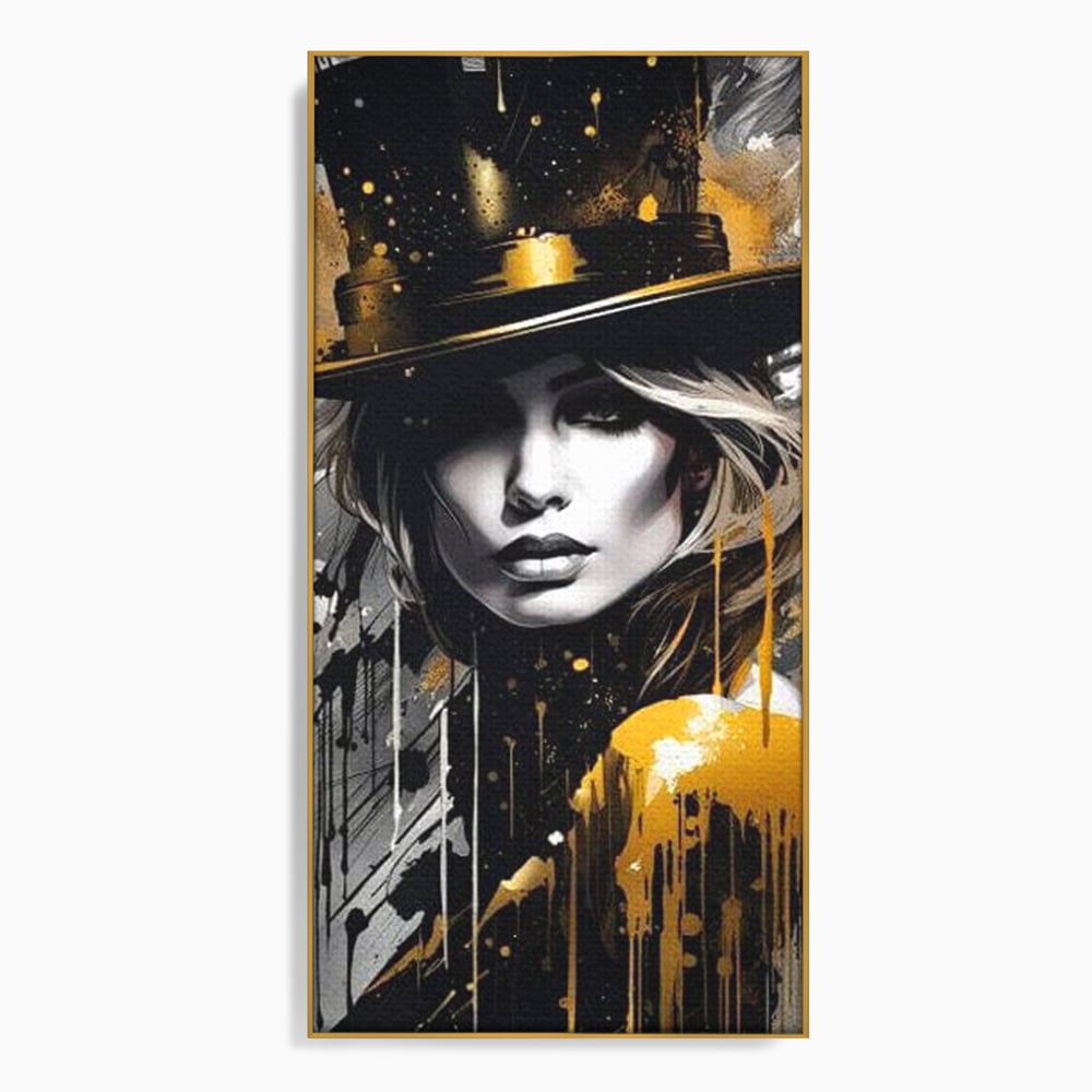 Tablou canvas cu tablou canvas cu portret de femeie cu joben, in rama de aluminiu auriu
