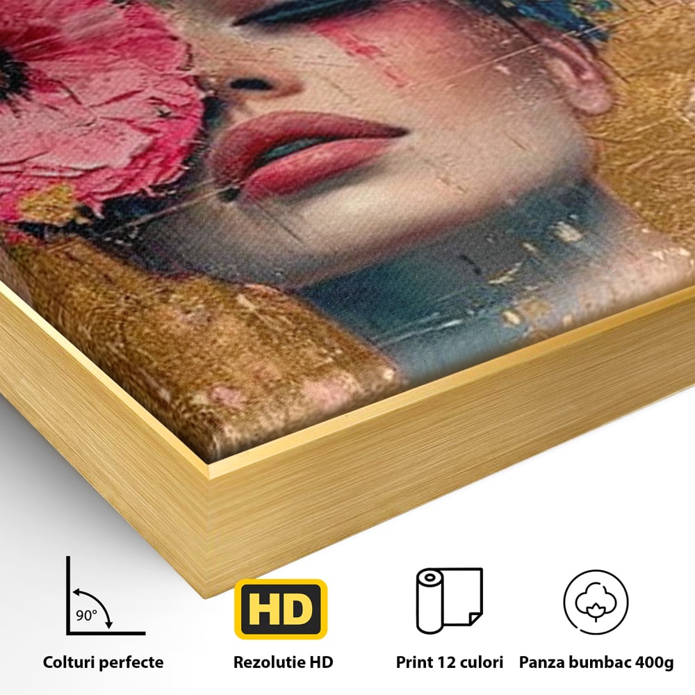 Detaliu al suprafetei: tablou canvas cu portret de femeie si flori roz, in rama de aluminiu auriu