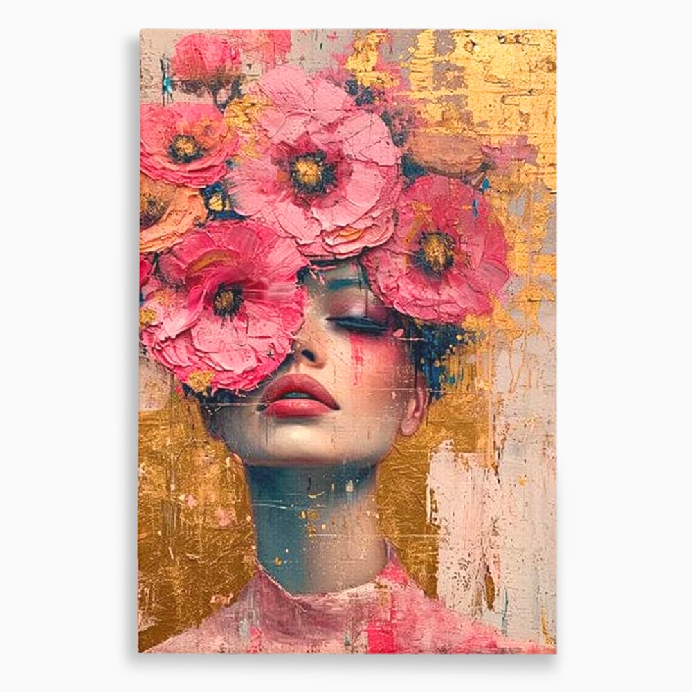 Tablou canvas cu tablou canvas cu portret de femeie si flori roz, fara rama, pe sasiu de lemn