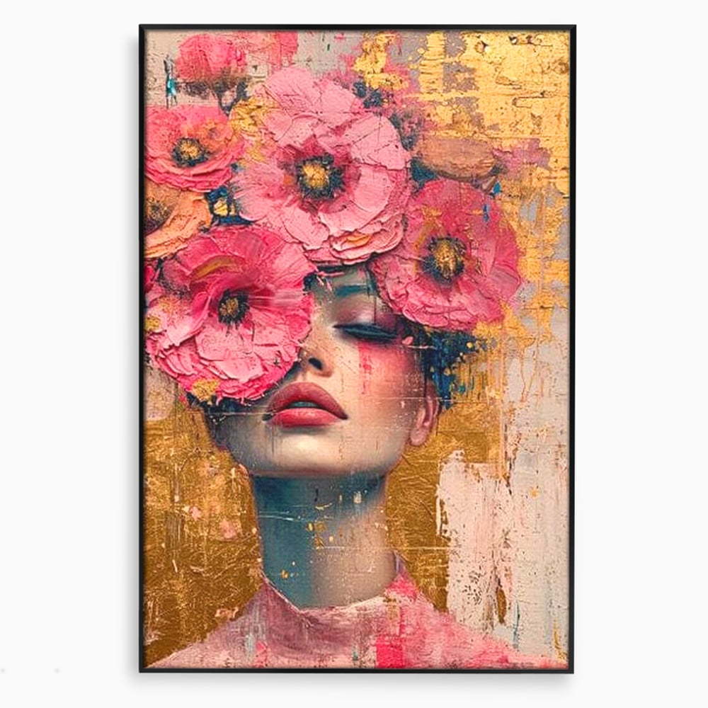 Tablou canvas cu tablou canvas cu portret de femeie si flori roz, in rama de aluminiu negru