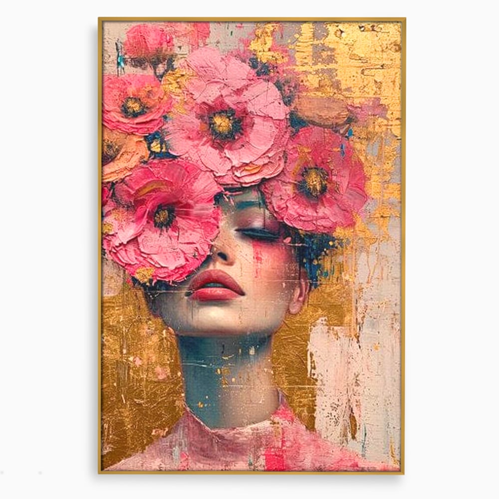 Tablou canvas cu tablou canvas cu portret de femeie si flori roz, in rama de aluminiu auriu