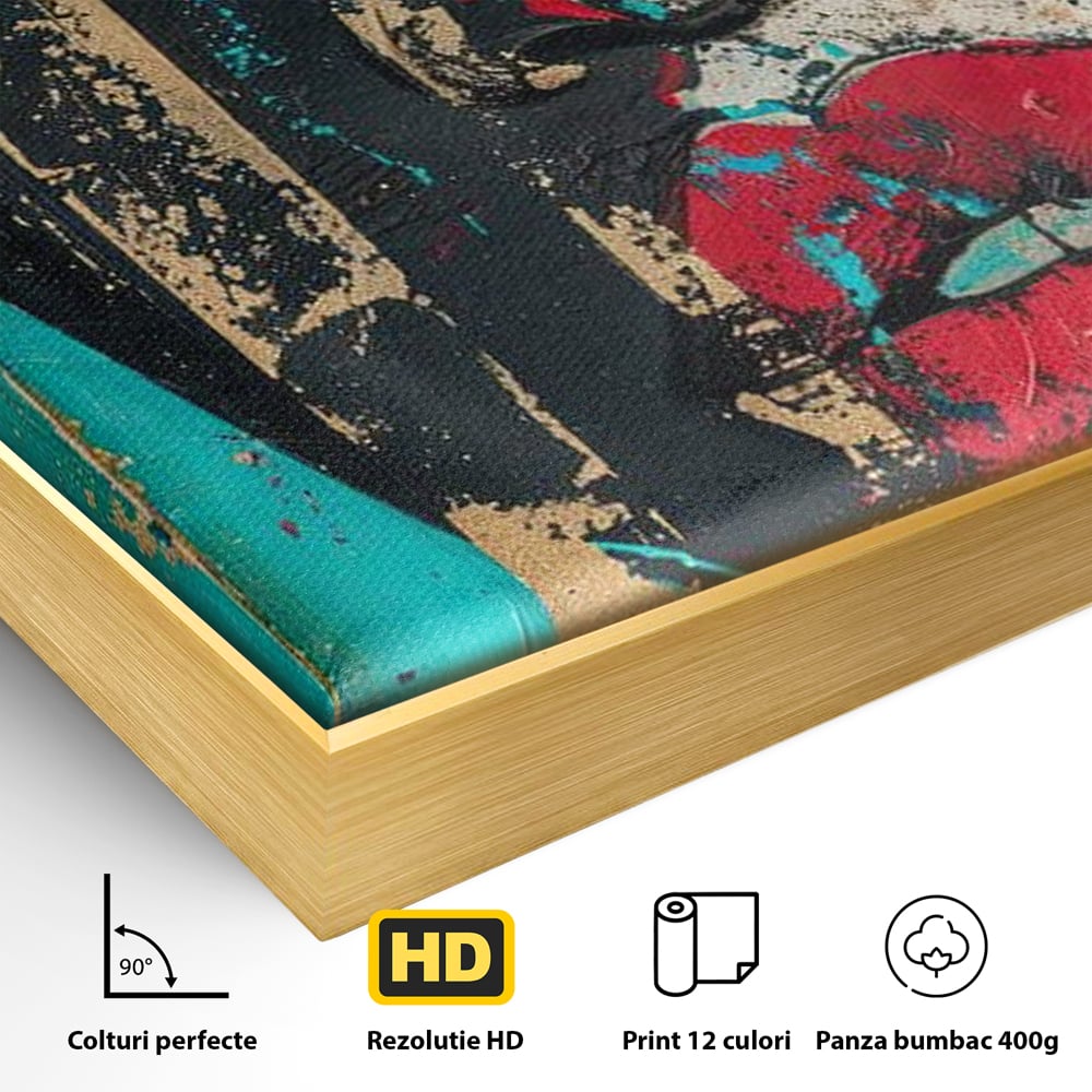 Detaliu al suprafetei: tablou canvas cu portret avangardist, in rama de aluminiu auriu