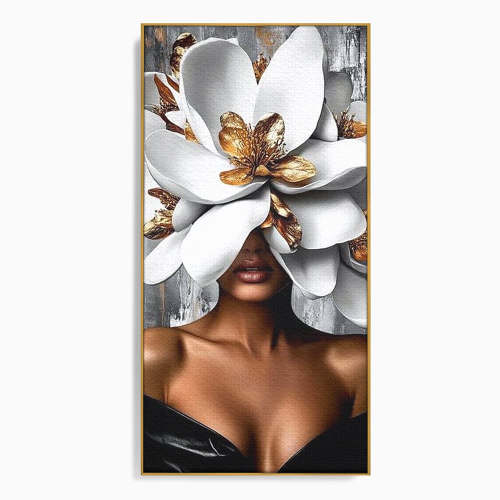 Tablou canvas cu tablou canvas cu femeie si magnolie alba, in rama de aluminiu auriu
