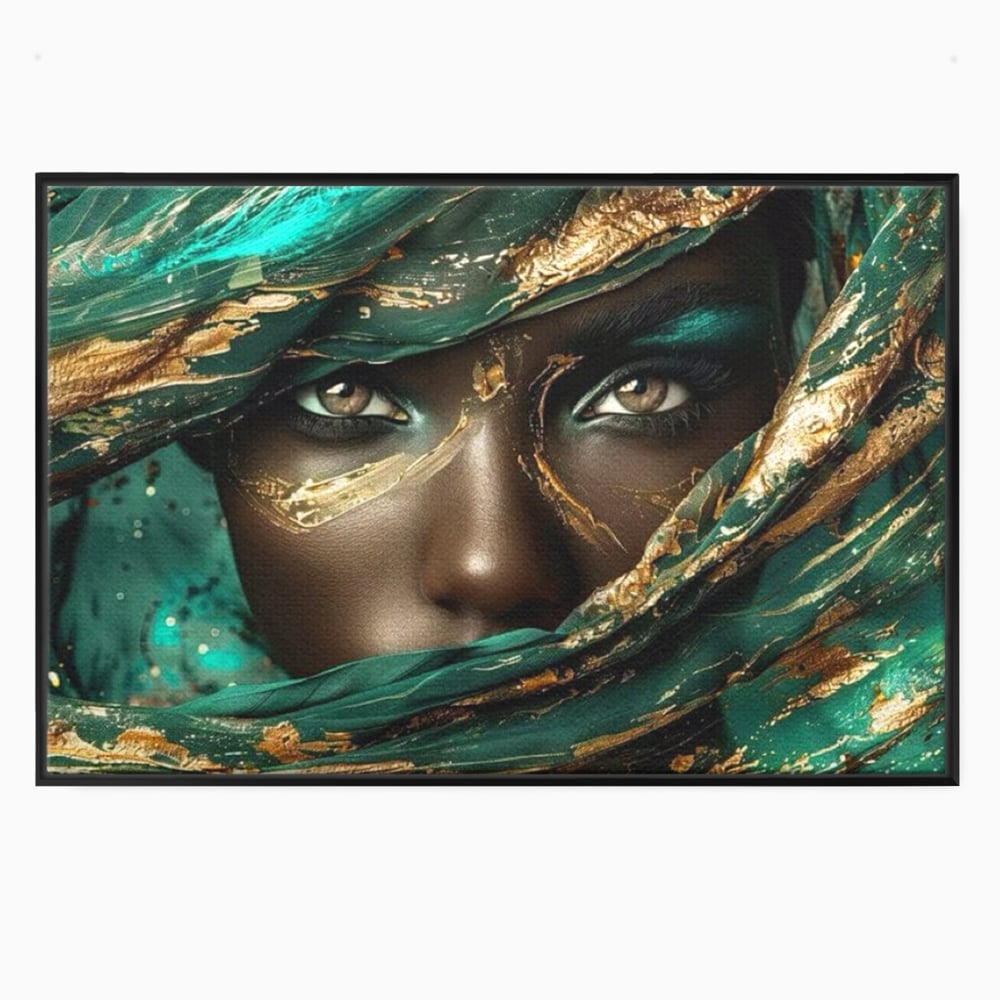 Tablou canvas cu portret artistic cu ochi caprui si tesatura verde, in rama de aluminiu negru