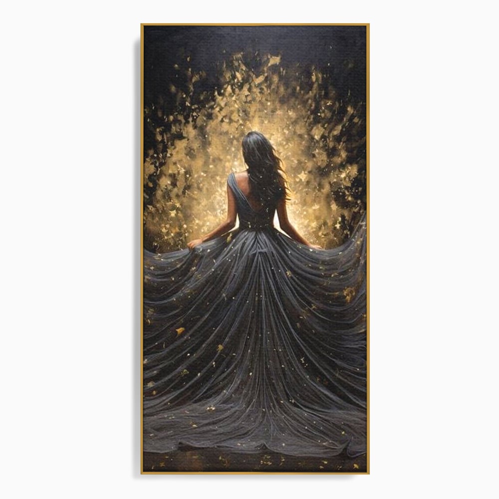 Tablou canvas cu ilustratie digitala cu silueta feminina, in rama de aluminiu auriu