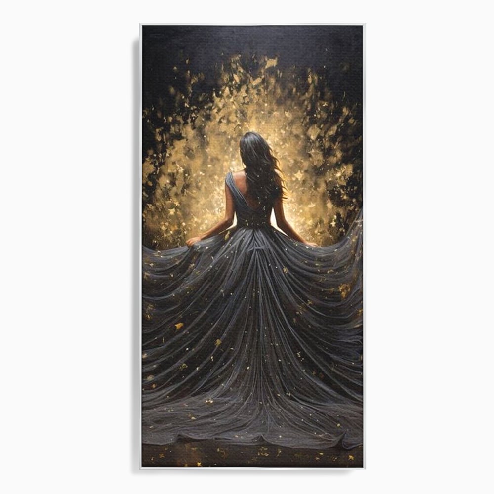Tablou canvas cu ilustratie digitala cu silueta feminina, in rama de aluminiu argintiu