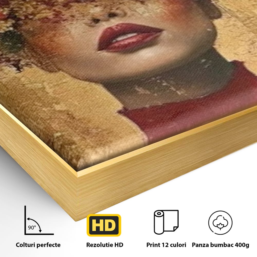 Detaliu al suprafetei: tablou canvas cu portret de femeie si flori, in rama de aluminiu auriu