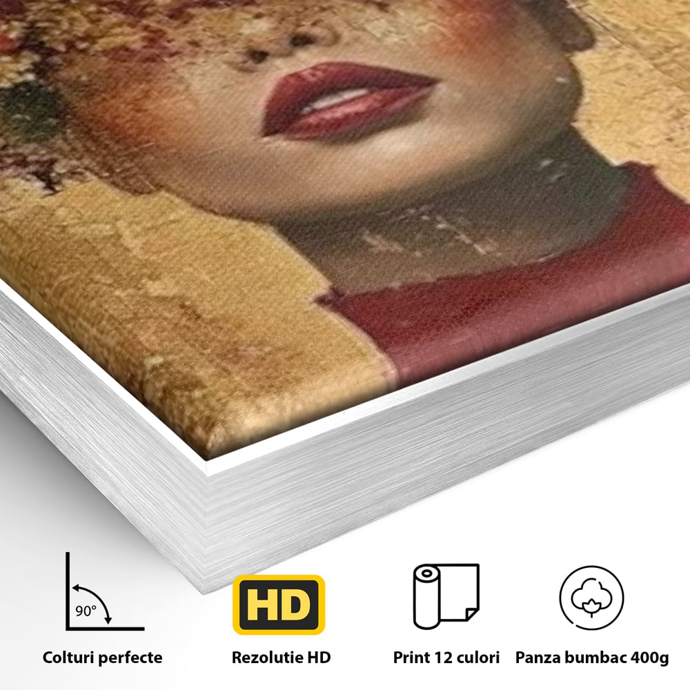 Detaliu al suprafetei: tablou canvas cu portret de femeie si flori, in rama de aluminiu argintiu