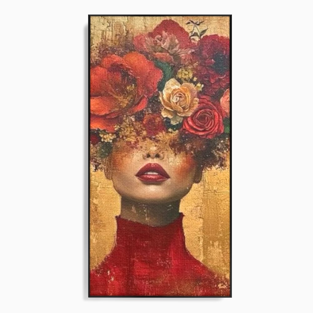 Tablou canvas cu tablou canvas cu portret de femeie si flori, in rama de aluminiu negru