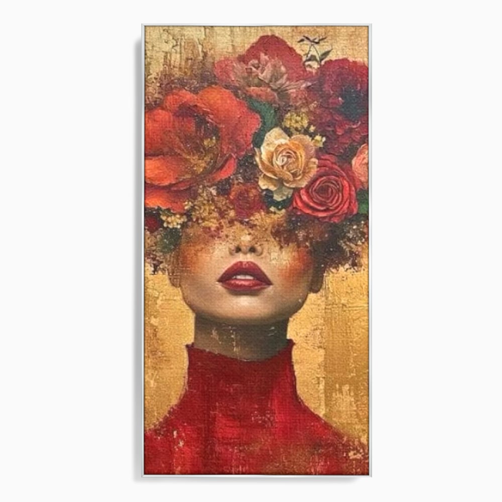 Tablou canvas cu tablou canvas cu portret de femeie si flori, in rama de aluminiu argintiu