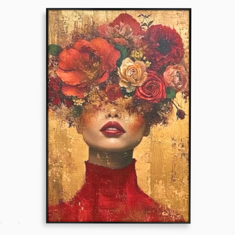 Tablou canvas cu tablou canvas cu portret de femeie si flori, in rama de aluminiu negru