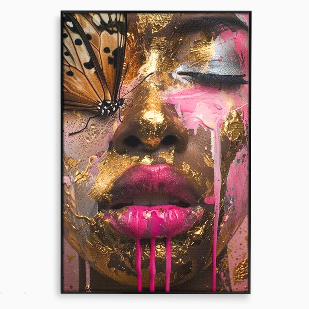 Tablou canvas cu tablou canvas cu portret artistic de femeie, in rama de aluminiu negru
