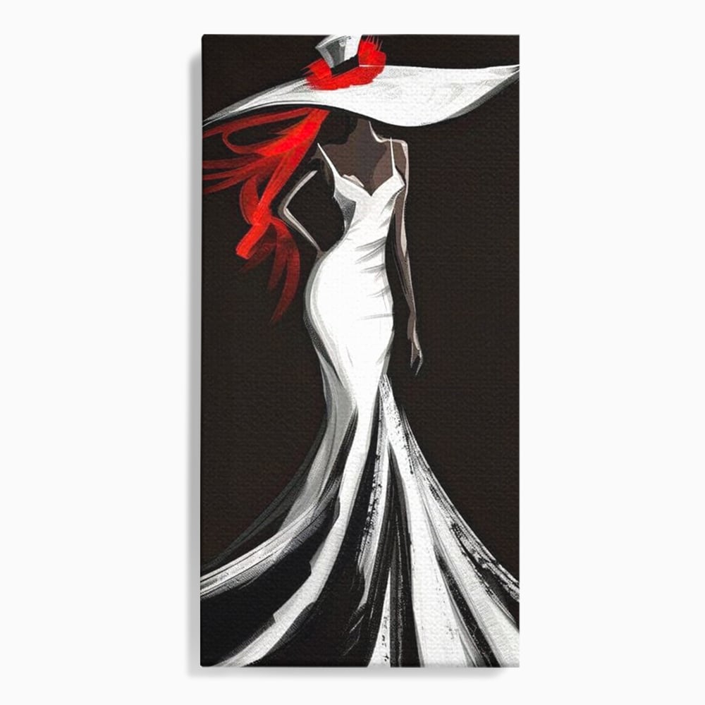 Tablou canvas cu tablou canvas cu silueta de femeie in rochie alba, fara rama, pe sasiu de lemn