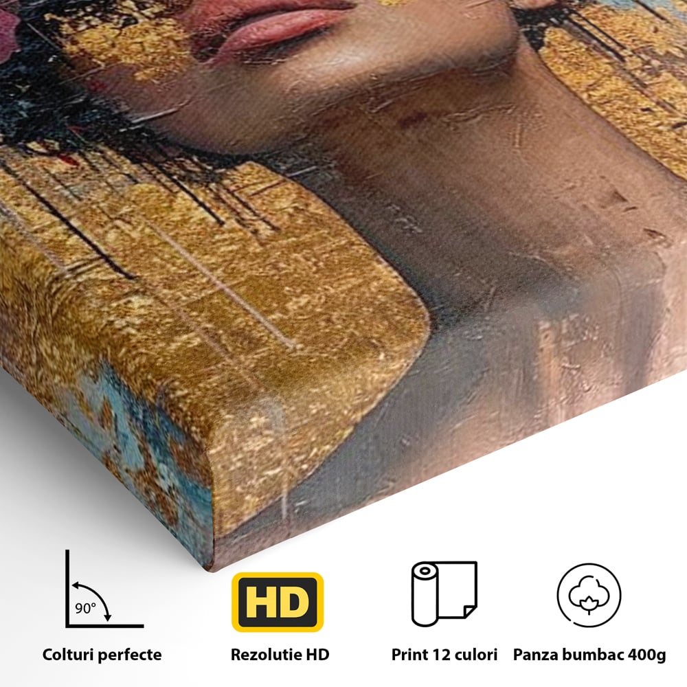 Detaliu al suprafetei: tablou canvas cu portret artistic si flori, fara rama, pe sasiu de lemn