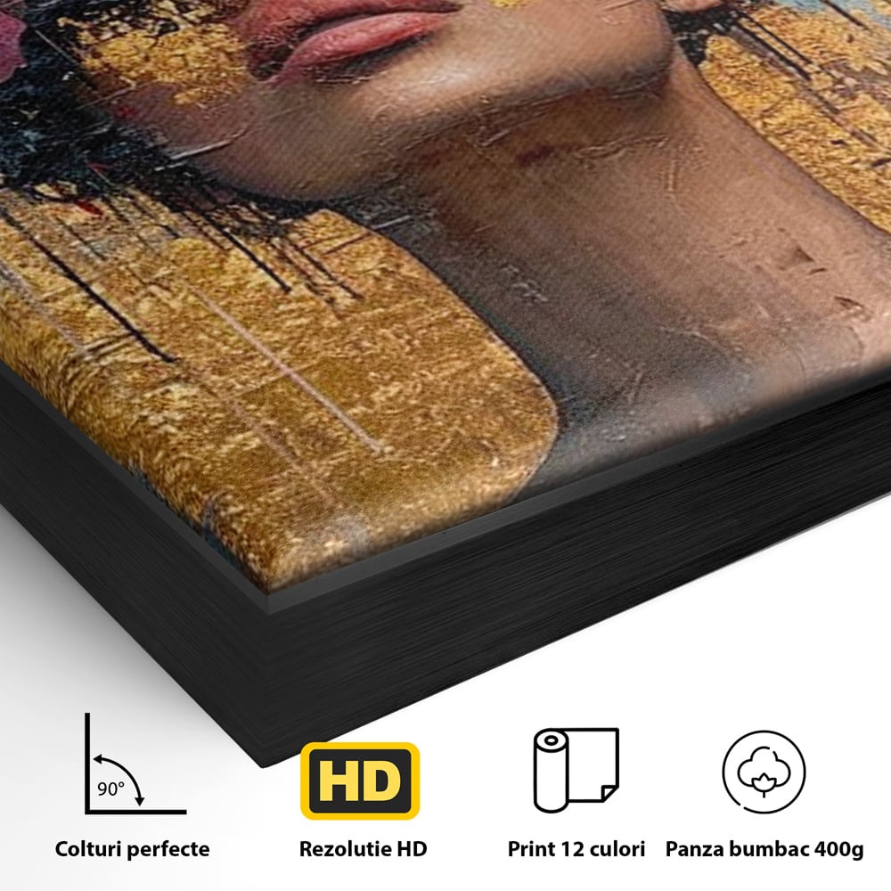 Detaliu al suprafetei: tablou canvas cu portret artistic si flori, in rama de aluminiu negru