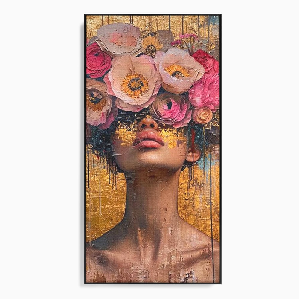Tablou canvas cu tablou canvas cu portret artistic si flori, in rama de aluminiu negru