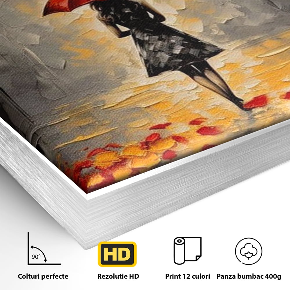 Detaliu al suprafetei: tablou canvas cu femeie sub umbrela rosie, in rama de aluminiu argintiu