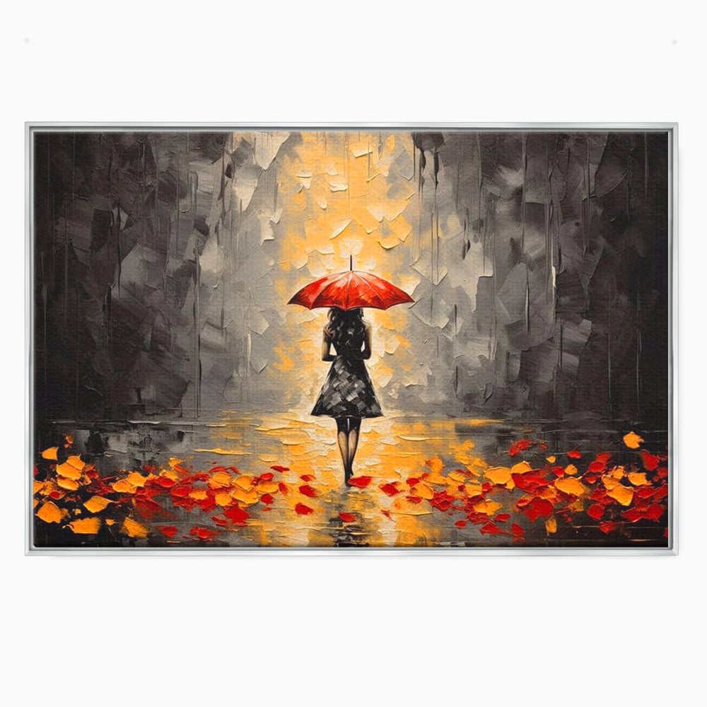Tablou canvas cu tablou canvas cu femeie sub umbrela rosie, in rama de aluminiu argintiu