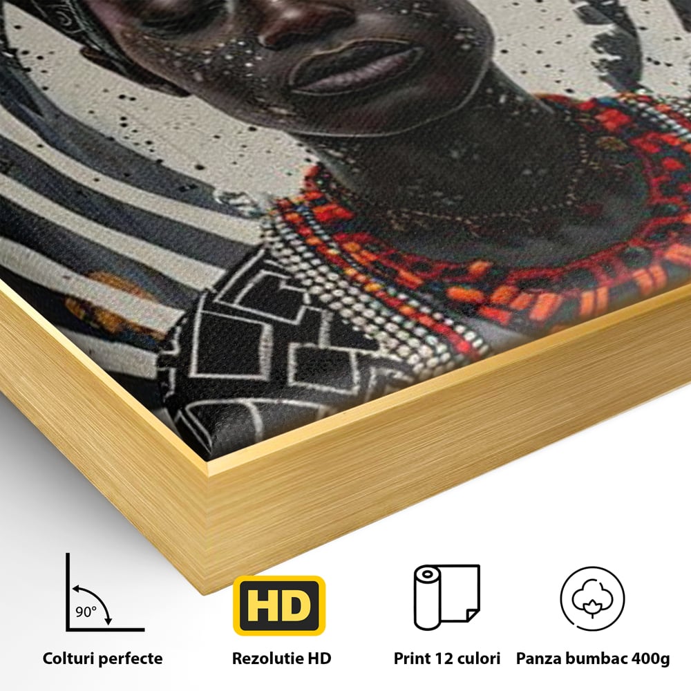 Detaliu al suprafetei: tablou canvas cu regina africana, in rama de aluminiu auriu