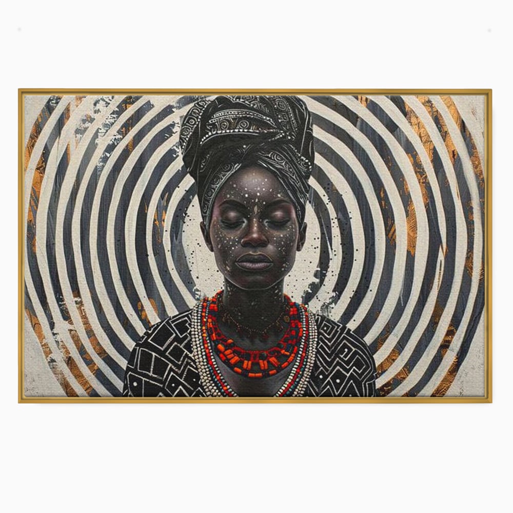 Tablou canvas cu tablou canvas cu regina africana, in rama de aluminiu auriu